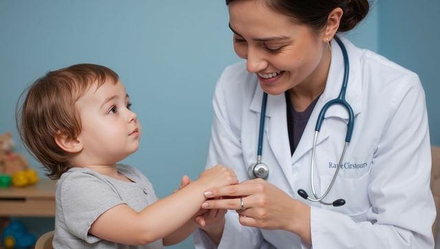 Smiling pediatrician comforting toddler, providing gentle hands-on pediatric care during checkup