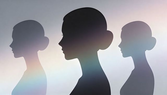 Layered female silhouettes in pastel gradient with soft prism light and minimal profile trio