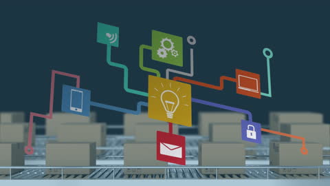 Digital Network Icons Overlaying Conveyor Belt with Boxes