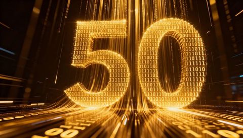 Golden binary 50 concept with futuristic neon data streams and digital light trails