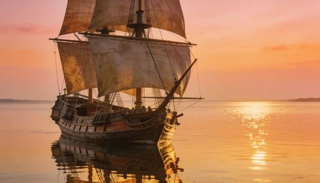 Golden sunset over classic wooden galleon with billowing sails and calm water reflection