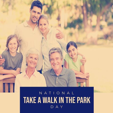 Happy family celebrating national walk in the park day outdoors