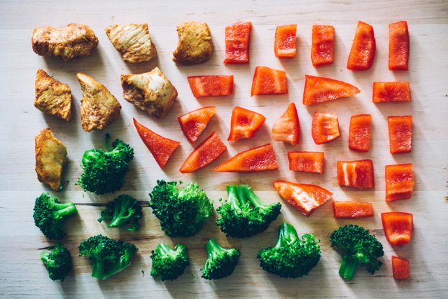 Various raw vegetables, including broccoli and red bell pepper, arranged neatly in rows alongside seasoned chicken pieces on a wooden surface. Ideal for use in articles or posts about meal prep, healthy eating, balanced diet, food photography, cooking ingredients, and recipe illustrations.
