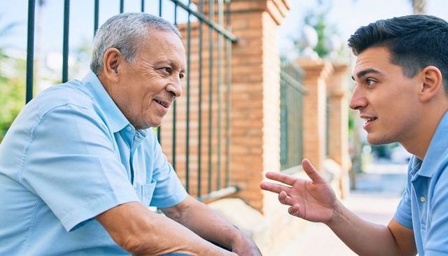 Young man and older neighbor having friendly conversation on sunny suburban sidewalk