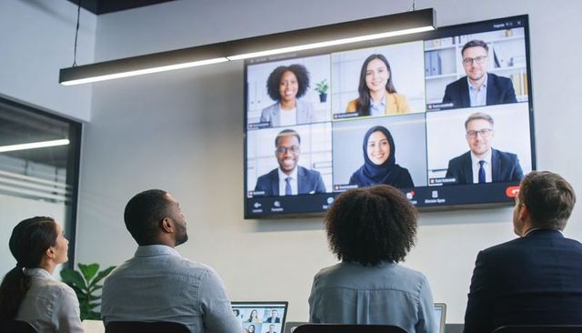Hybrid team connecting over large-screen video conference in modern boardroom