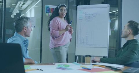 Woman Presenting Bar Graph to Colleagues in Modern Office