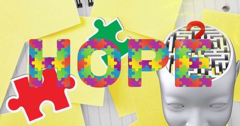 Puzzle Pieces Forming HOPE Overhead with Maze and Question Mark