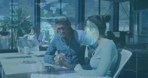 Business Professionals Collaborating on Data Analysis with Digital Overlays