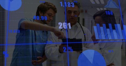 Medical Team Analyzing Patient Data on Tablet with Augmented Analytics Overlay