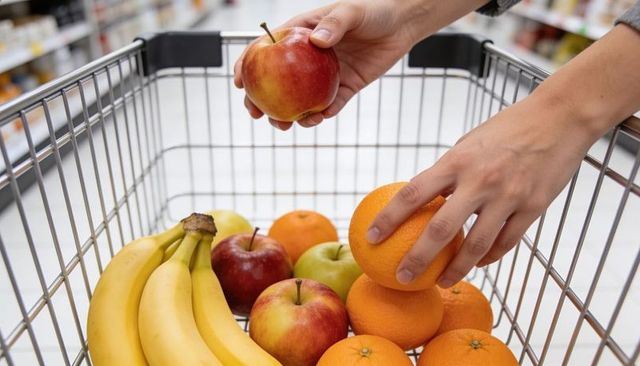 Shopper arranging fresh apples, oranges and bananas in wire shopping cart at supermarket