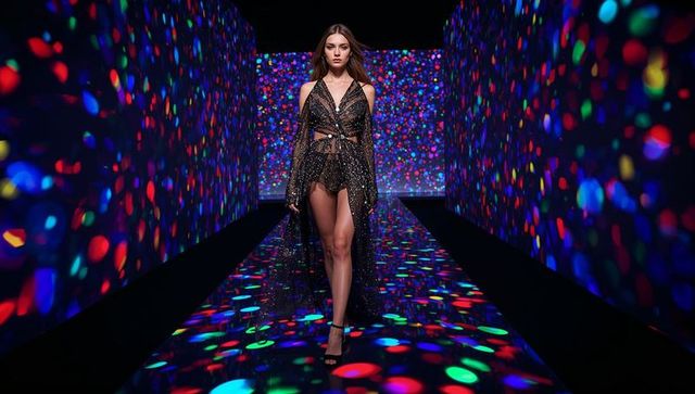 Model walking runway in glittering sheer cape dress with led bokeh mirror runway