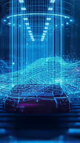 Projecting holographic mesh over electric vehicle during 3D mapping sensor scan vertical video