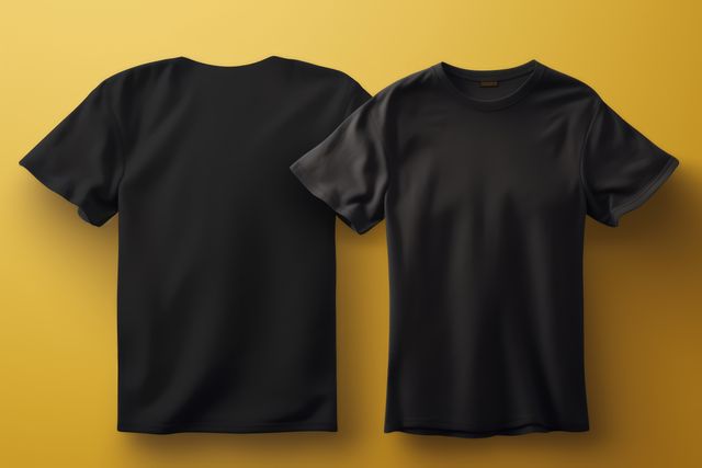 Front and back views of a plain black t-shirt on a vibrant yellow background, ideal for design mockups, apparel advertising, fashion showcases, and clothing brand promotional material.