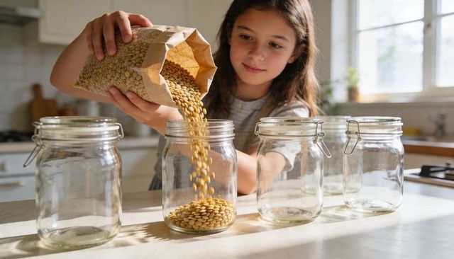 Child pouring lentils from paper bag into glass jars for pantry organization and storage