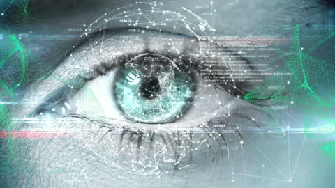 Futuristic Eye Analysis with Digital Global Network Overlay