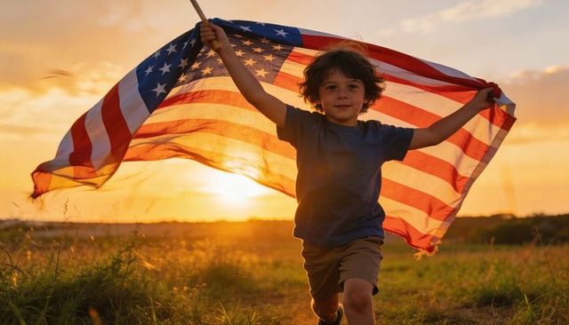 Child running with american flag at golden hour sunset, backlit patriotic moment