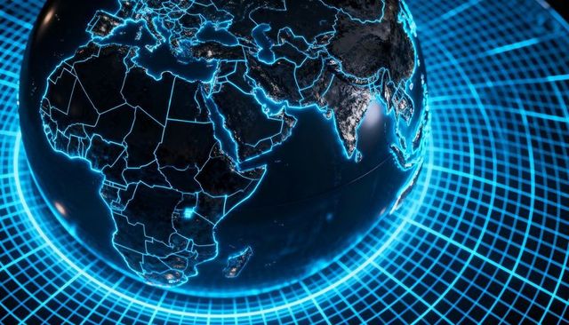 Neon globe highlighting africa middle east india, digital network grid