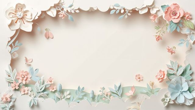 Pastel papercut floral border framing blank parchment panel for invitation and greeting