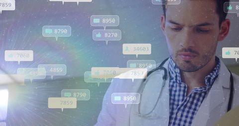 Doctor Using Tablet with Social Media Notifications Overlay