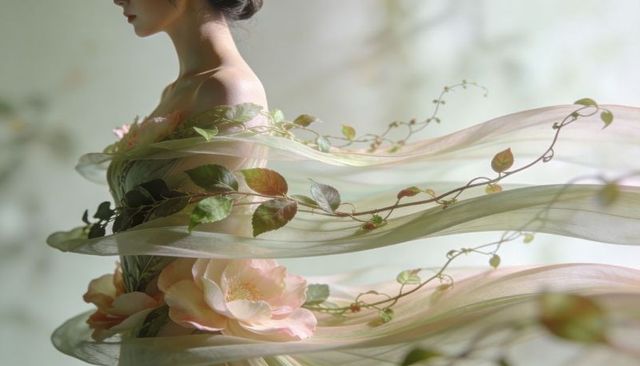 Ethereal floral gown portrait with flowing ribbons and vines, romantic pastel fashion art