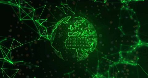 Rotating Neon Green Wireframe Globe Showing Global Network Mesh and Data Nodes