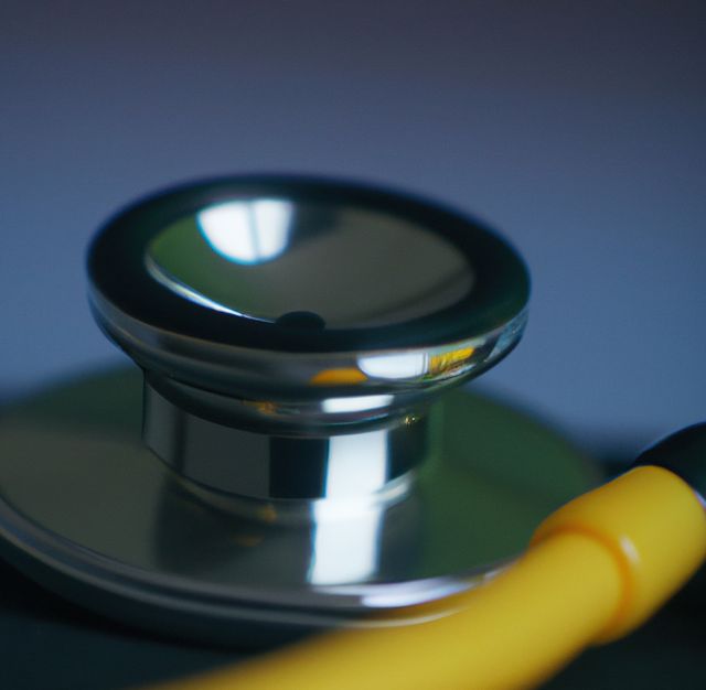 Image of close up with detail of yellow stethoscope on blue background. Medicine, doctors and healthcare services concept.