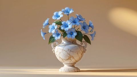 Elegant marble urn with blue forget me not flowers and gold veins