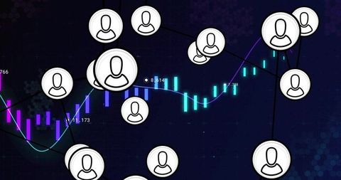 User network connecting over financial candlestick chart with neon trend line visualization