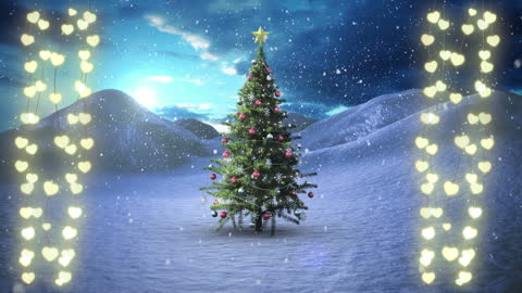 Snowy Christmas Tree with Heart-Shaped Lights in Winter Wonderland