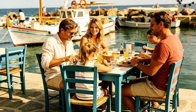 Family enjoying al fresco lunch on turquoise table at sunlit mediterranean harbor pier