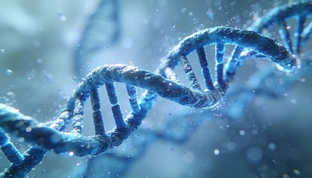 Glowing blue dna double helix twisting through microscopic medium with floating particles