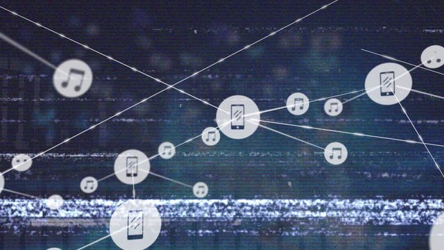 Background contains TV static lines with digital icons representing smartphones and music notes connected over the overlay of statistical data processing symbols. Can be used to illustrate concepts of digital communication, networking issues, technological glitches, or the impact of technology on data sharing in business contexts.