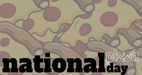 This vibrant design celebrates National Pizza Day with a fun pattern featuring cartoon-style pizza slices adorned with cheese and pepperoni. The overlay text highlights the occasion, perfect for event promotions, culinary blogs, restaurant branding, and social media posts focused on food topics.