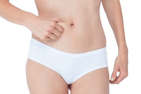 Woman pinching abdomen for body weight transparent background
