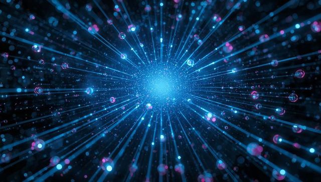 Radiating blue core emitting neon rays and floating pink particles for futuristic tech