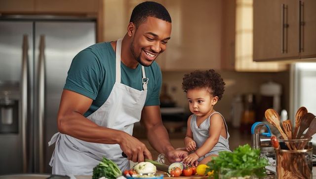 Black father teaching toddler cooking with fresh vegetables playful bonding in kitchen