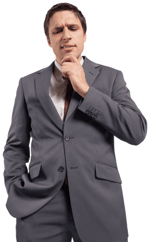 Thoughtful Businessman in Gray Suit on Transparent Background