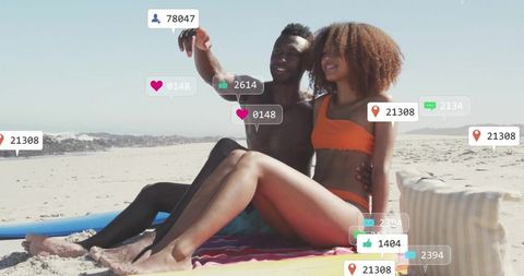 Couple Embracing on Beach with Social Media Overlay