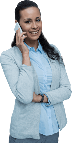 Transparent Portrait of Smiling Businesswoman on Cellphone