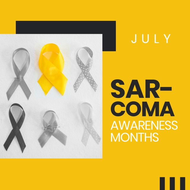 This illustration highlights July as Sarcoma Awareness Month with various ribbons representing support and awareness for sarcoma. Featuring gray ribbons which have light polka dots and a striking yellow ribbon. This can be used in healthcare campaigns, charity events, educational materials, and awareness drives.