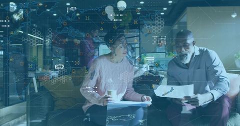 Team Analyzing Global Data with Augmented Reality Dashboard, Collaborating on Analytics