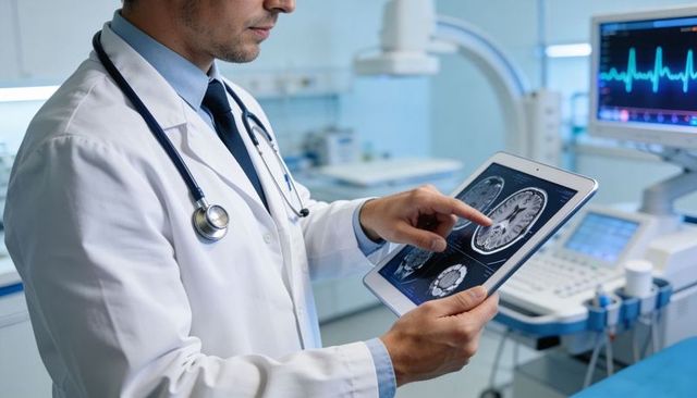 Physician reviewing brain mri on tablet while pointing to scan with ecg monitor in clinic