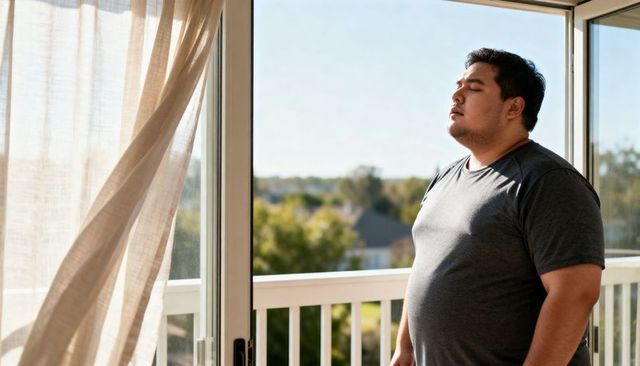 Man standing on balcony soaking sunlight through sheer curtain, relaxing and reflecting