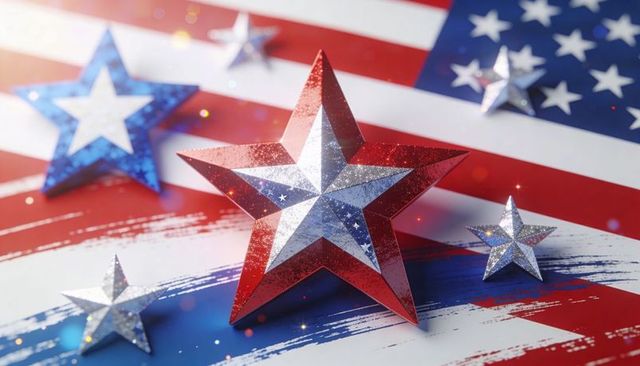 Layered red white blue glitter star displaying over painted us flag for patriotic decor