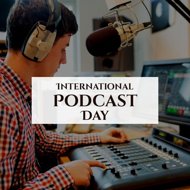 Celebrating International Podcast Day with Sound Mixer Operator in Recording Studio - Download Free Stock Templates Pikwizard.com