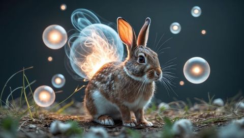 Magical cottontail rabbit among luminous orbs in twilight ambiance