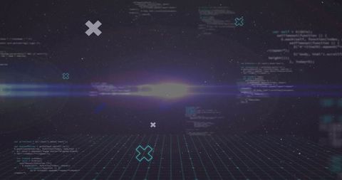 Futuristic digital grid with floating code and light beam