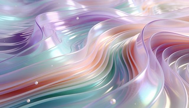 Iridescent flowing ribbons and pearlescent waves with soft bokeh and glossy highlights