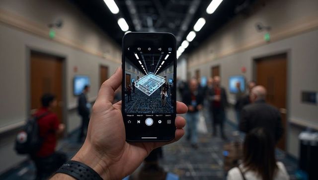 Hand Holding Smartphone Showcasing Augmented Reality Wireframe Cube in Conference Corridor