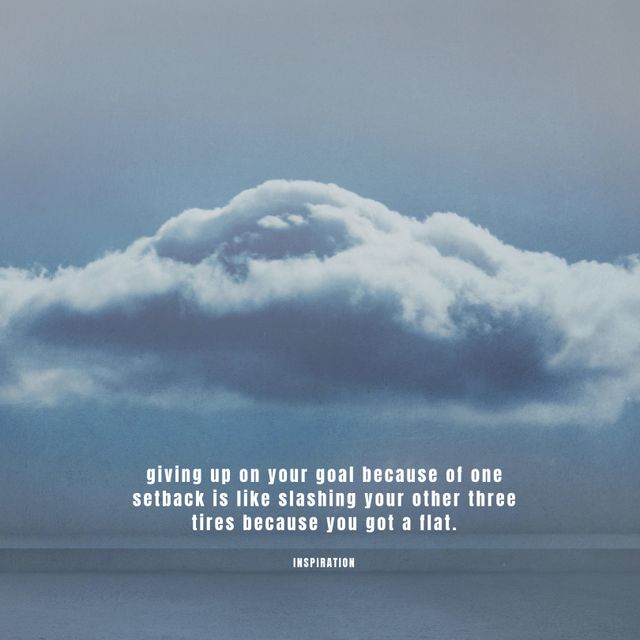 Inspirational quote overlaying an image of a blue sky with clouds. Suitable for use in social media posts, blog entries, presentations, or as wall art to motivate and uplift audiences towards persevering through challenges.